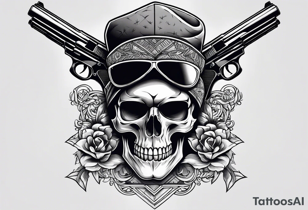 Skull, gun, bandana tattoo idea