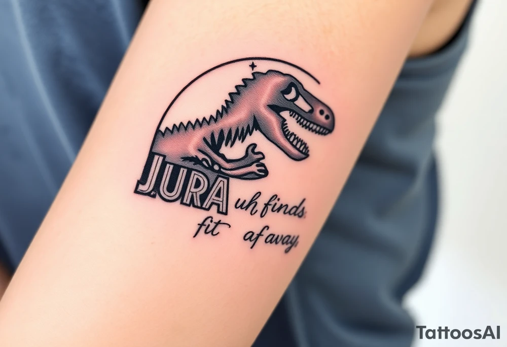Jurassic Park logo with the dinosaur holding a big stick but with "Life, uh, finds a way" instead of the words "Jurassic Park" tattoo idea