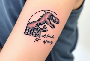Jurassic Park logo with the dinosaur holding a big stick but with "Life, uh, finds a way" instead of the words "Jurassic Park" tattoo idea