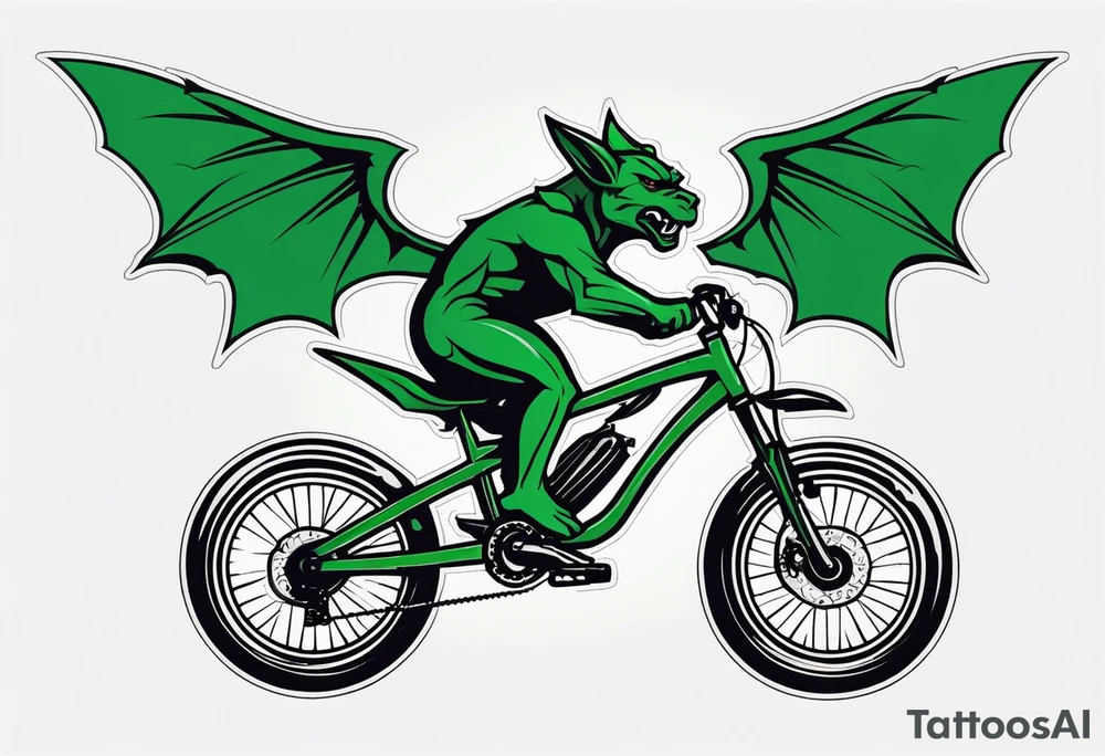 gargoyle riding a full suspension green mountain bike with a shadow no background with wings tattoo idea