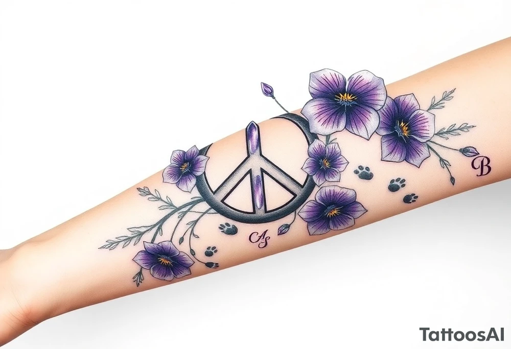 peace symbol intertwined with violets Pisces symbol, dog prints, amethyst, initials csb in cursive font tattoo idea