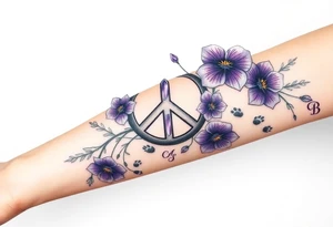 peace symbol intertwined with violets Pisces symbol, dog prints, amethyst, initials csb in cursive font tattoo idea