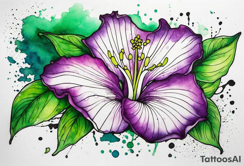 An outline of an only green rio dipladenia flower and a green and purple watercolor splash in the background tattoo idea