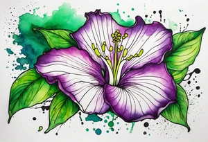 An outline of an only green rio dipladenia flower and a green and purple watercolor splash in the background tattoo idea