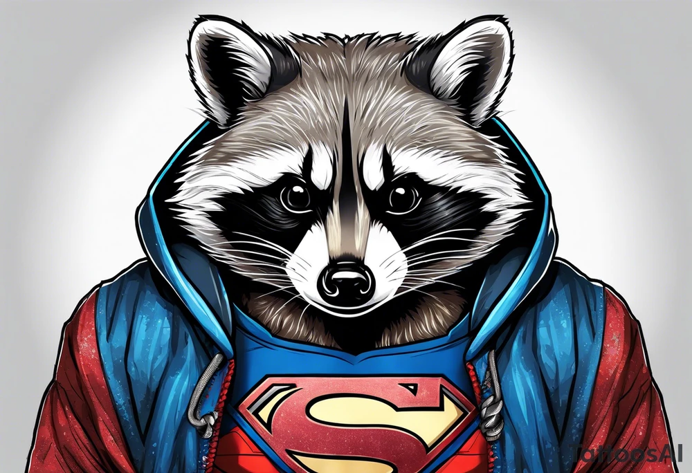 raccoon wearing a Superman hoodie tattoo idea
