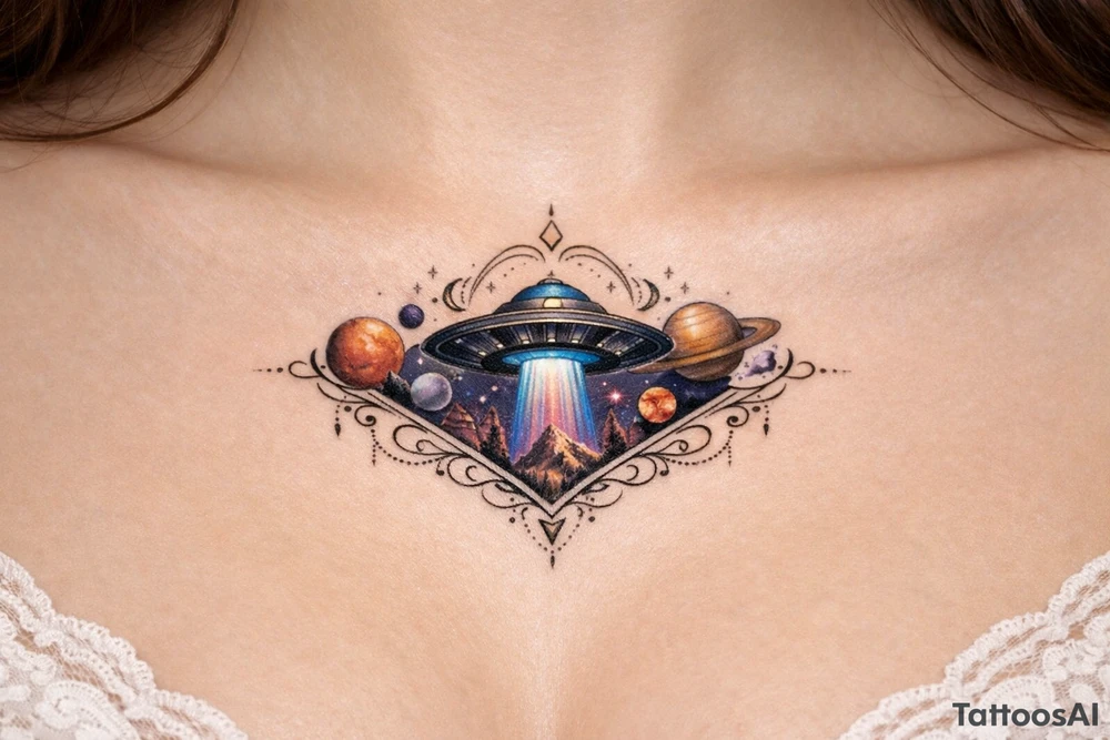 ufo under breast or space with planets tattoo idea