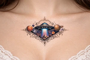 ufo under breast or space with planets tattoo idea