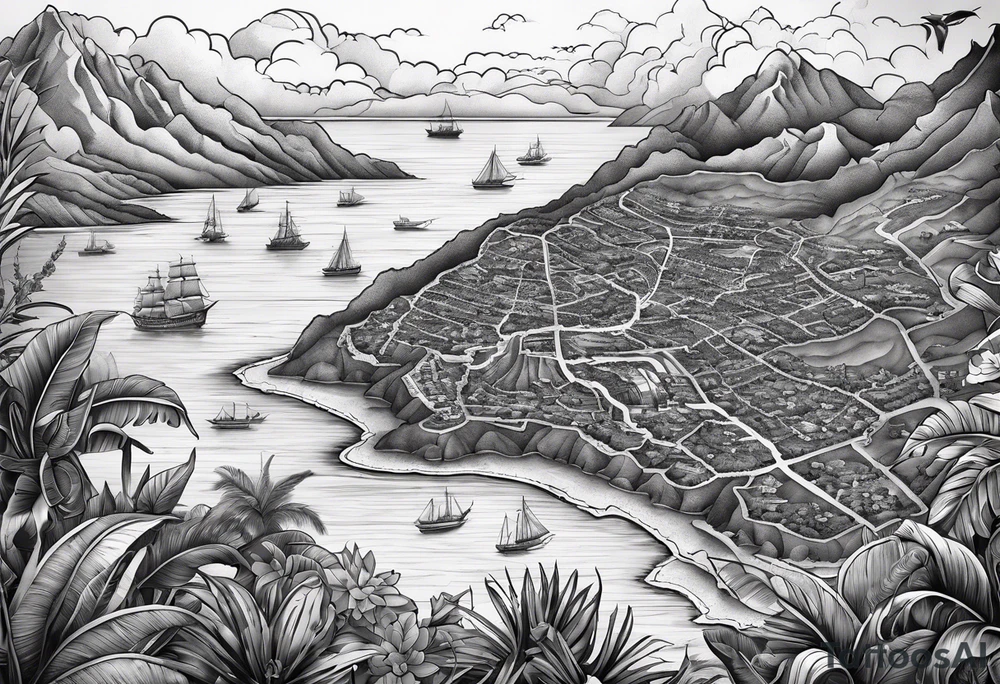 Map of the eastern Caribbean islands with an ocean view of the island mountains across the sea in the background tattoo idea