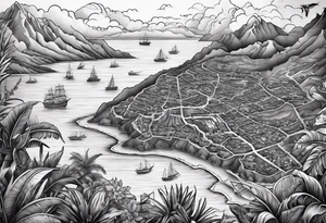 Map of the eastern Caribbean islands with an ocean view of the island mountains across the sea in the background tattoo idea