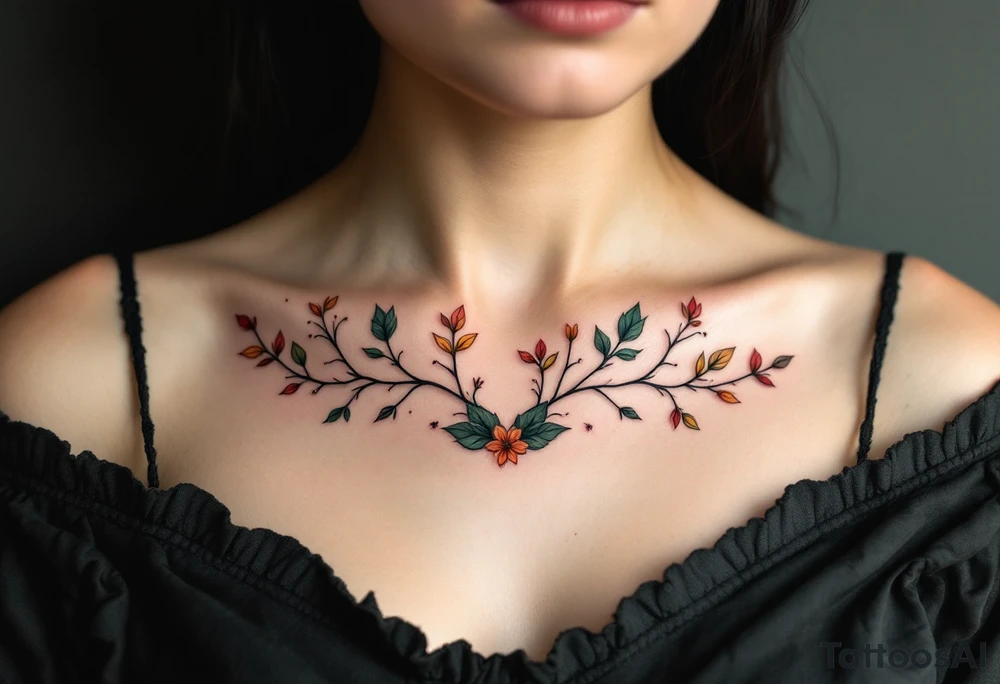 Two separate collarbone tattoos of long, stems and branches covered with red, orange, yellow and dark forest green leaves and flowers, academia, witchy, muted, delicate and gentle but moody, long and thin, following the collarbone. More muted, not so bright, darker colors. Fewer amount of leaves, larger leaves tattoo idea