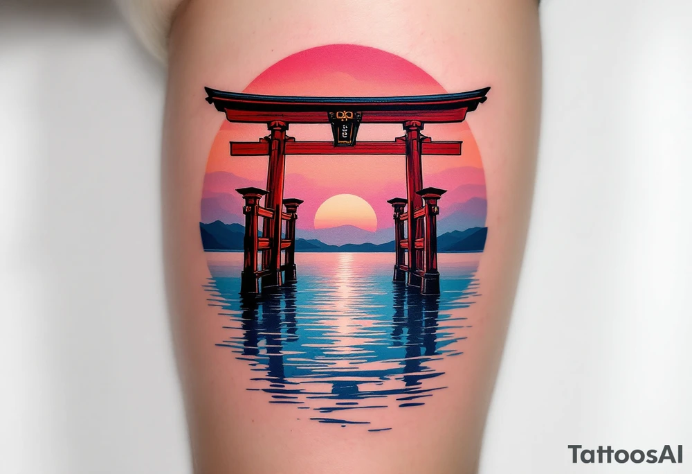 A red torii gate standing in shallow blue water under a pink and orange sunset sky. tattoo idea