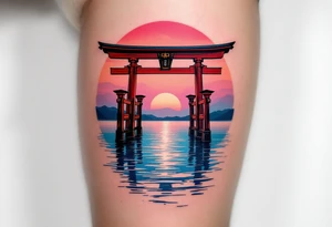 A red torii gate standing in shallow blue water under a pink and orange sunset sky. tattoo idea