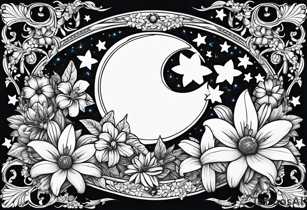 Crescent moon with daisy's, lily’s, crystals, and mushrooms tattoo idea