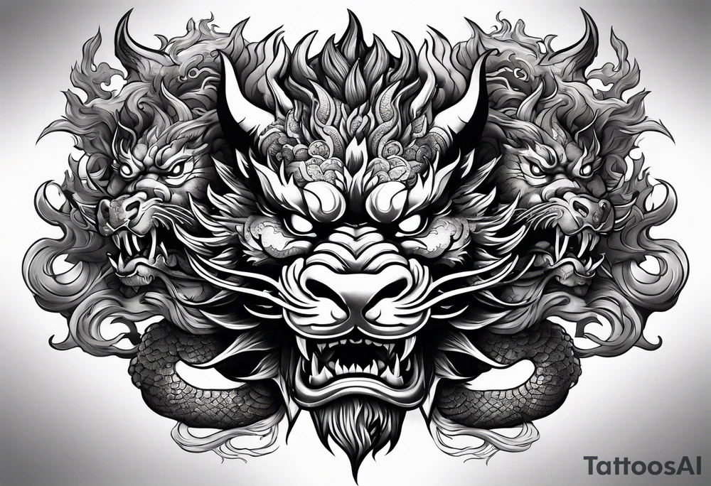 Powerful Japanese dragon, with a fu dog and oni mask for forearm tattoo idea
