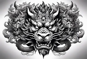 Powerful Japanese dragon, with a fu dog and oni mask for forearm tattoo idea