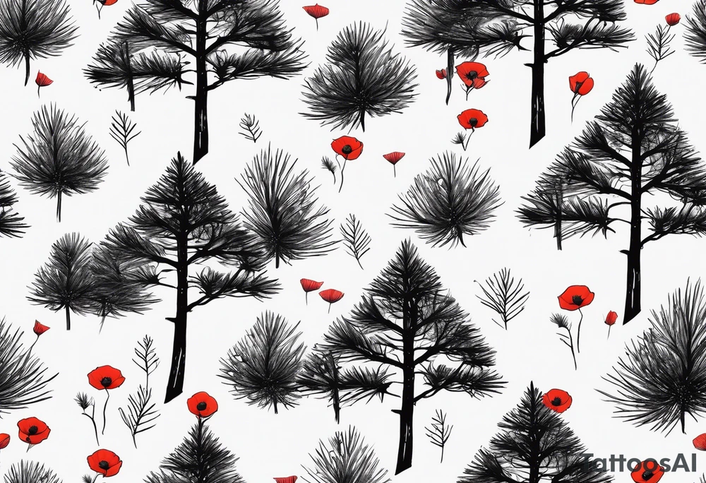 a forest of pine trees with one small poppy in front and the korean word for patience tattoo idea