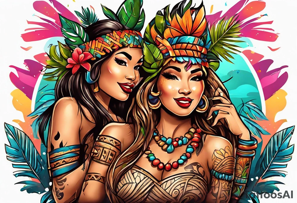 tiki party with dancing tiki guys and sexy tiki girls with music notes and confetti tattoo idea