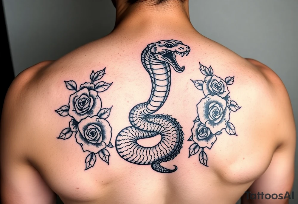 powerful majestic snake surrounded by rose ornaments tattoo idea