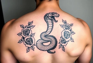 powerful majestic snake surrounded by rose ornaments tattoo idea
