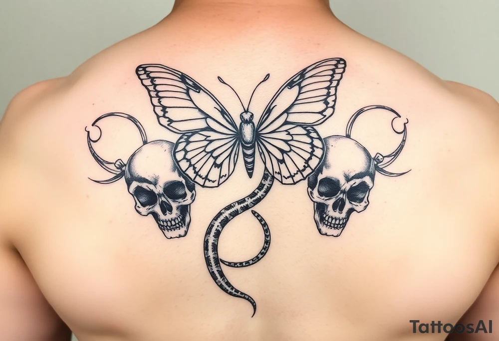 ethereal butterfly flowing around a serpent wrapped round skulls tattoo idea