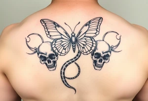 ethereal butterfly flowing around a serpent wrapped round skulls tattoo idea