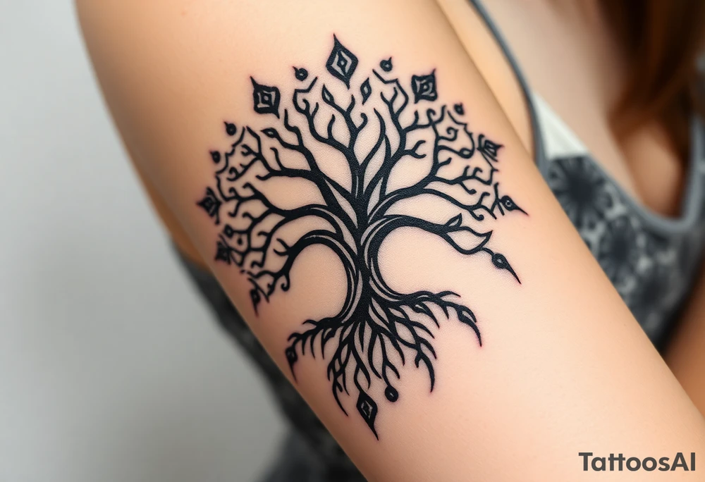 mystical tree of life with cosmic roots and celestial branches tattoo idea