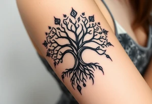 mystical tree of life with cosmic roots and celestial branches tattoo idea