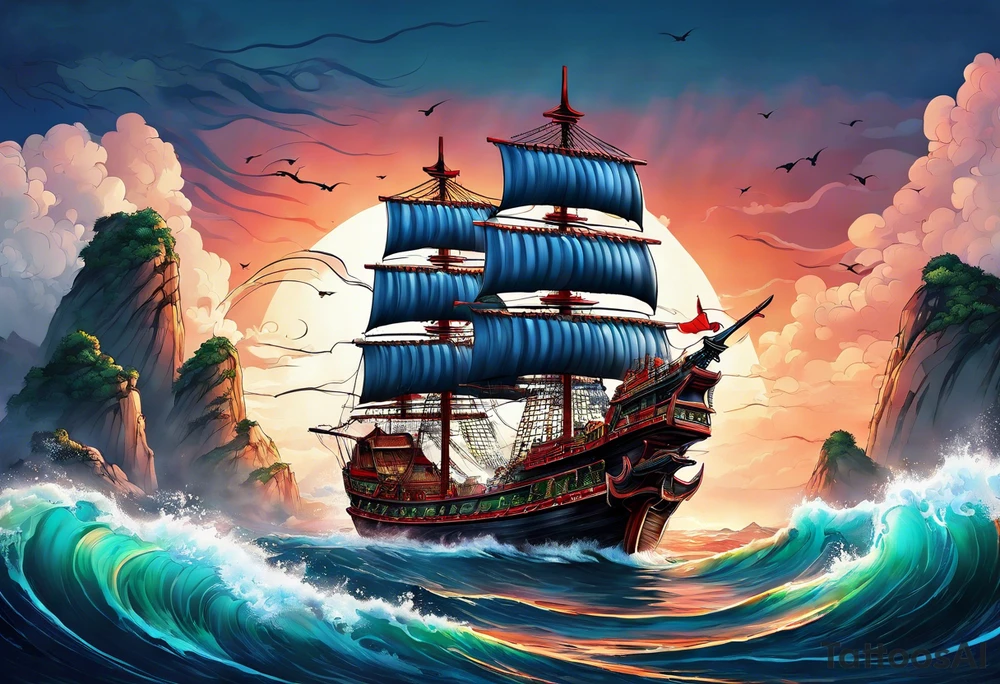 Chinese pirate ship that has been through many storms tattoo idea