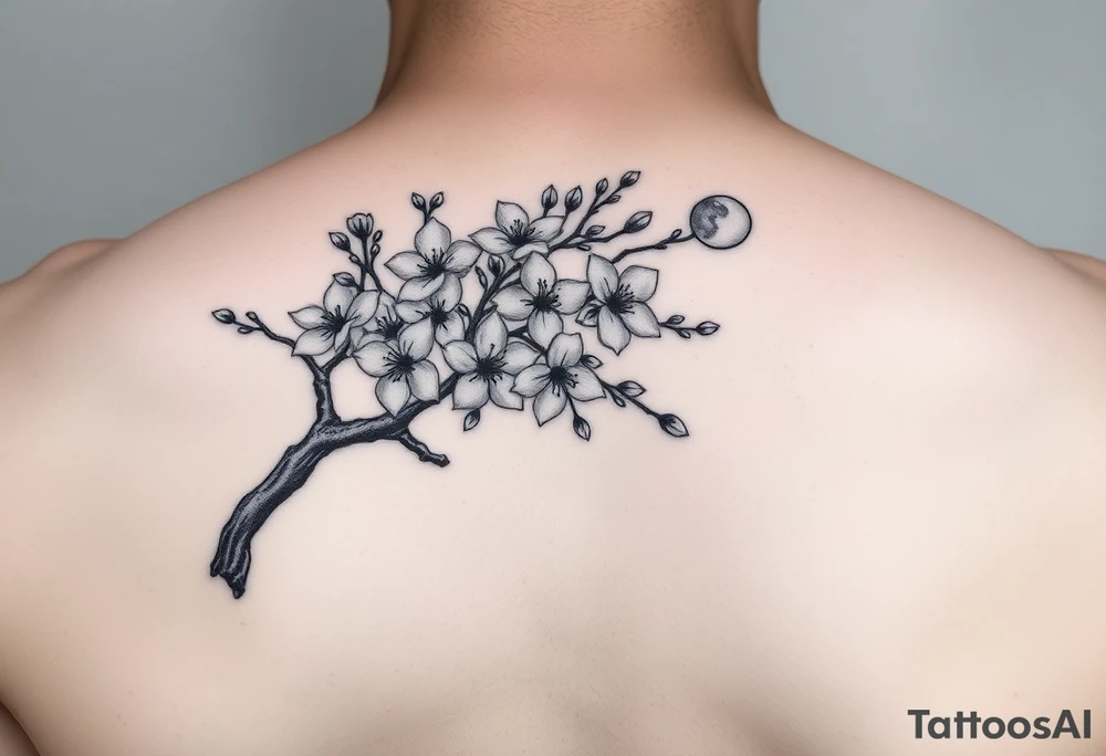 Japanese cherry blossom tree with full moon on left side tattoo idea