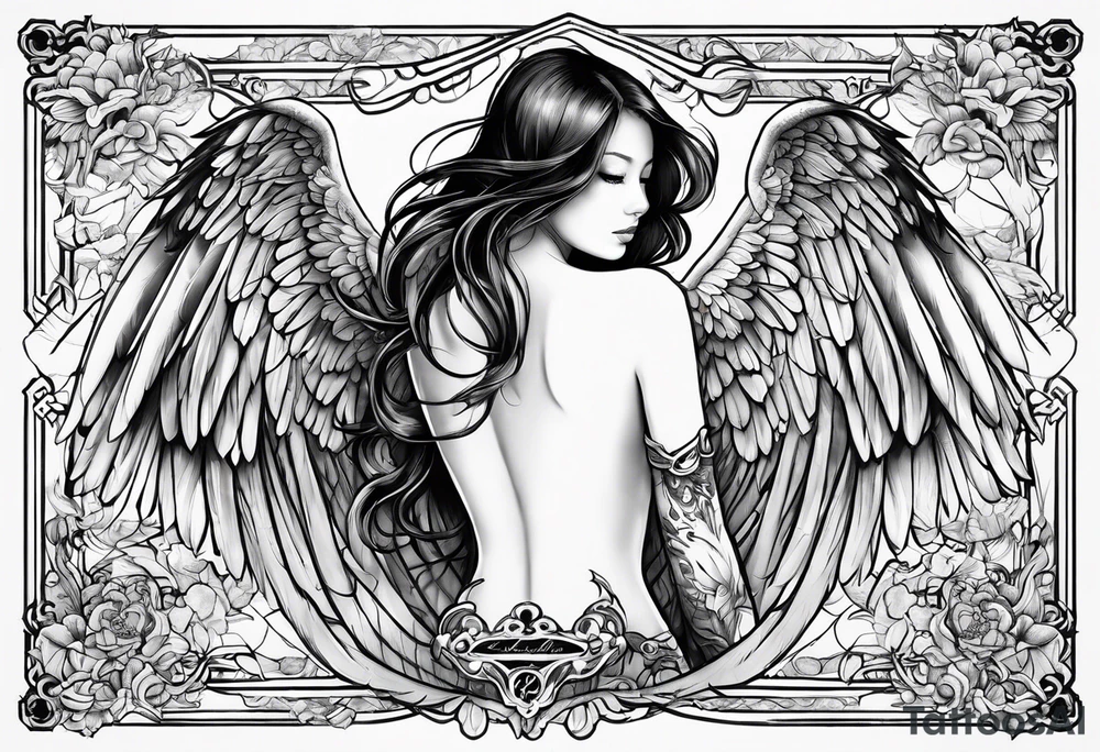 Angel right wing, side way with name Leah written in gothic letters. tattoo idea