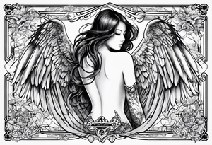 Angel right wing, side way with name Leah written in gothic letters. tattoo idea