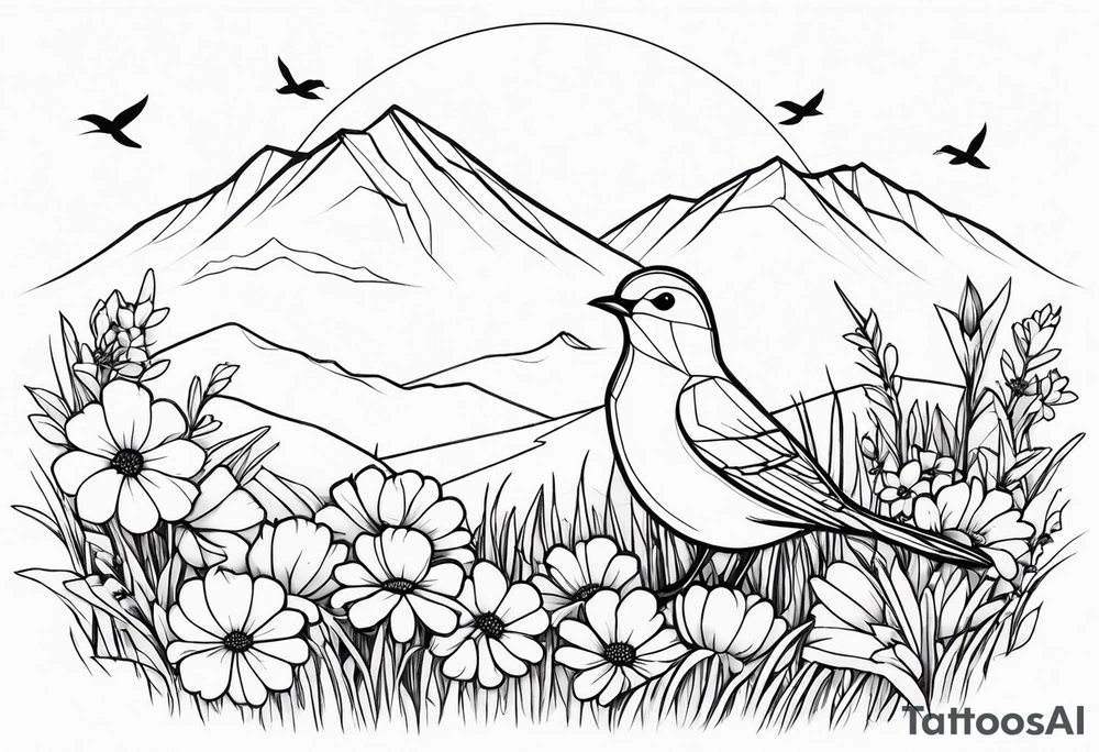 Geometric small bird outline sitting in grass and daisys with mountains in view tattoo idea