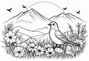 Geometric small bird outline sitting in grass and daisys with mountains in view tattoo idea
