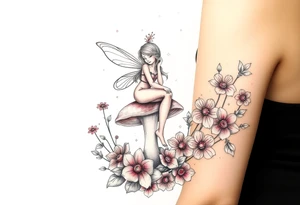 Mystical fairy sitting on a mushroom surrounded by flowers tattoo idea