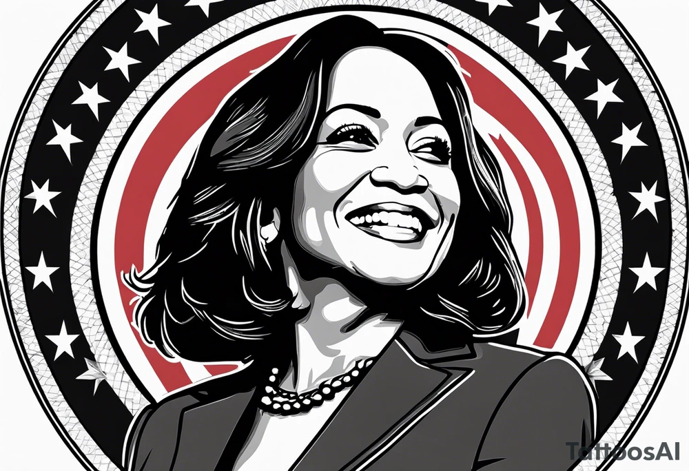 Kamala Harris as a talking jackass, United States flag, circular motif tattoo idea