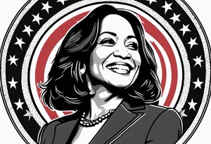 Kamala Harris as a talking jackass, United States flag, circular motif tattoo idea