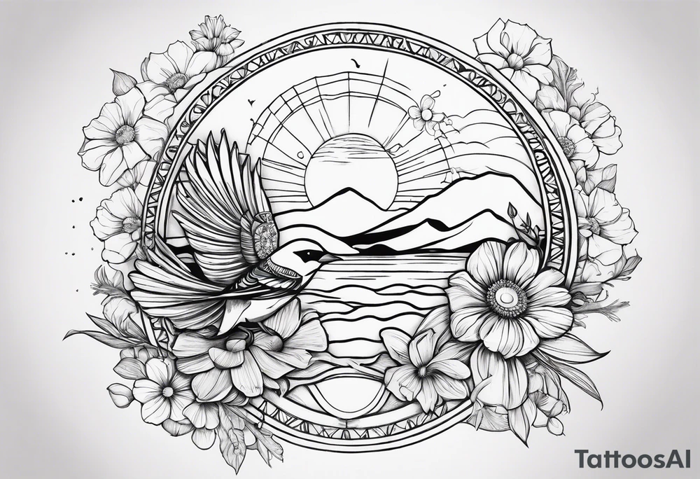 AUM symbol, sparrow, sunrays, staircase, cosmos, iris, daisy tattoo idea