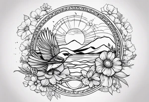 AUM symbol, sparrow, sunrays, staircase, cosmos, iris, daisy tattoo idea