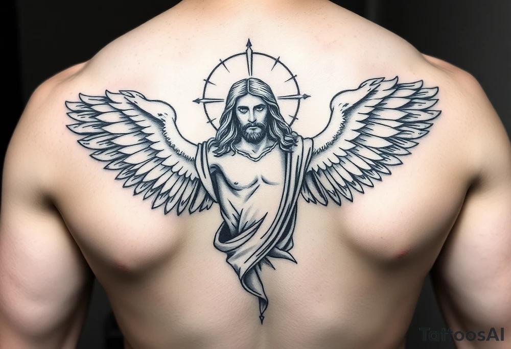 magestic christ with clouds wings black and white tattoo idea