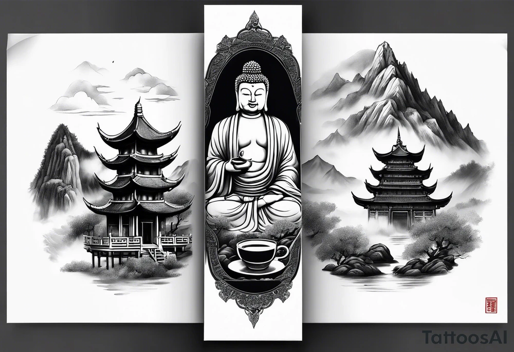 forearm sleeve traditional chinese art painting Chinese temple buddha wearing robes and drinking tea mountains mist fog waterfall tattoo idea