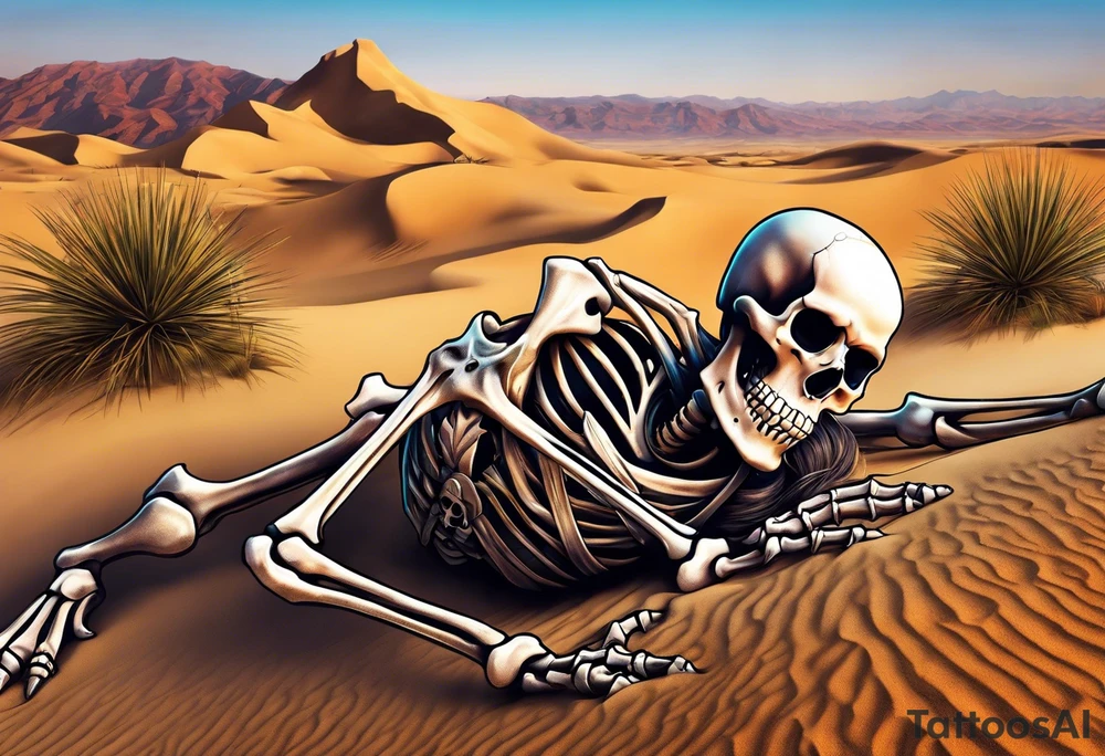 skeleton crawling towards a cross in a desert tattoo idea