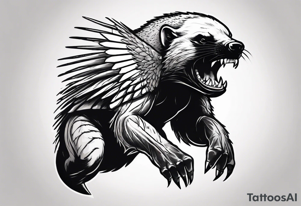 Angry, snarling, detailed forward-facing honey badger against the background of large wings made of bones tattoo idea