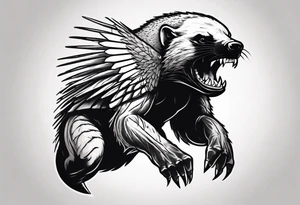 Angry, snarling, detailed forward-facing honey badger against the background of large wings made of bones tattoo idea