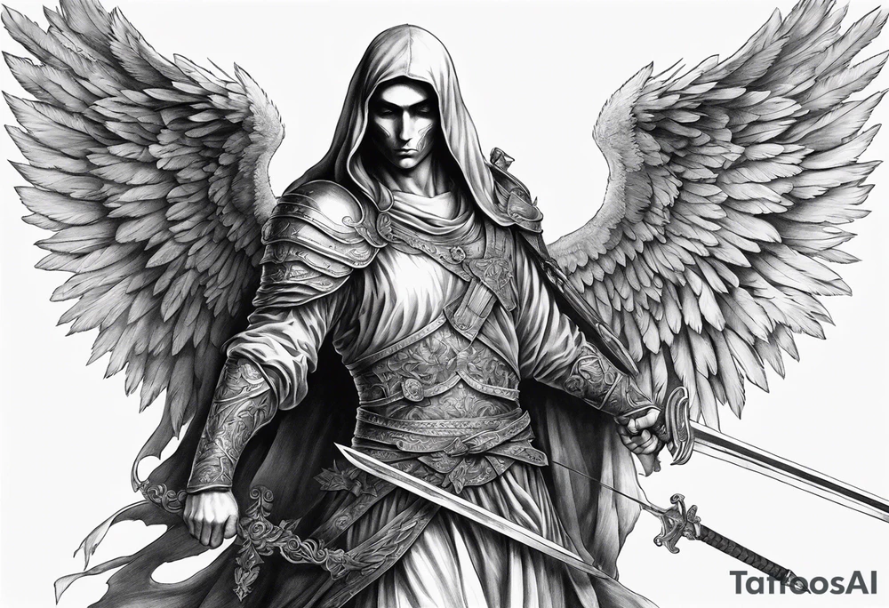 realistic full body of angel of death, fwithout face, holding one sword by both hands, sword is vertically pointing downwards tattoo idea