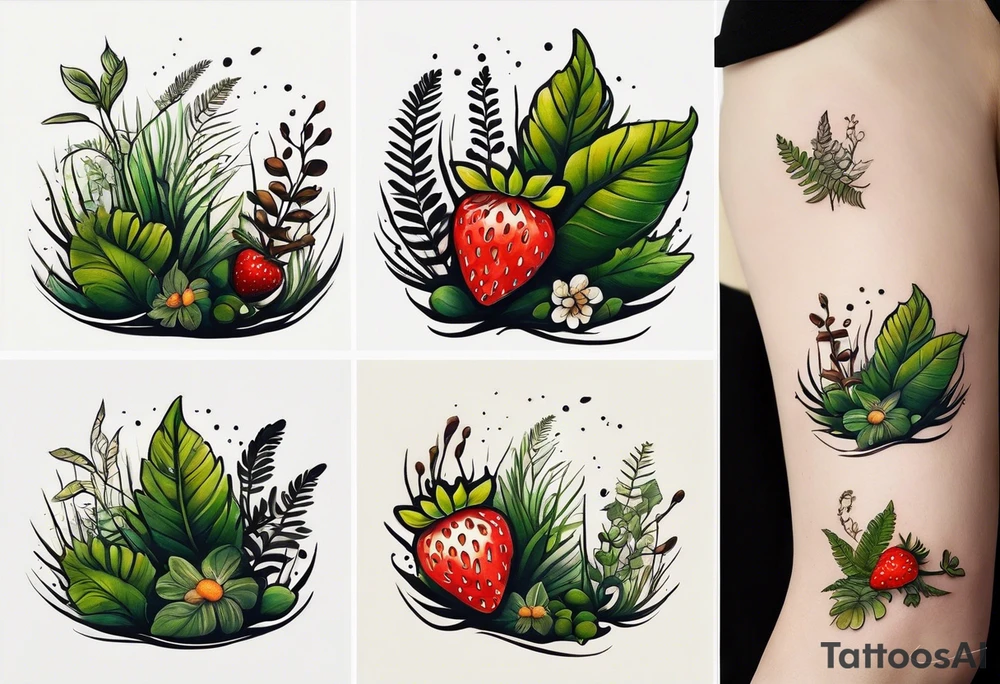 forest floor inspired minimalist tattoo, which includes grass, curly ferns and dead leaves as the bulk of the tattoo. details to include: three very tiny strawberries, a tiny bumblebee flying nearby, three small brown mushrooms tattoo idea
