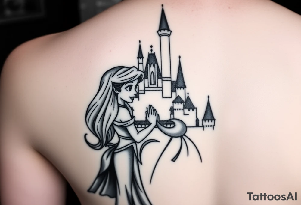 Disney princesses ariel and bell, hugging inn front of disney castle, black and white realism,castle can be outlined no need for details.leg sleveve, princesses detailed like in a cartoon tattoo idea