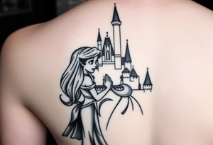 Disney princesses ariel and bell, hugging inn front of disney castle, black and white realism,castle can be outlined no need for details.leg sleveve, princesses detailed like in a cartoon tattoo idea