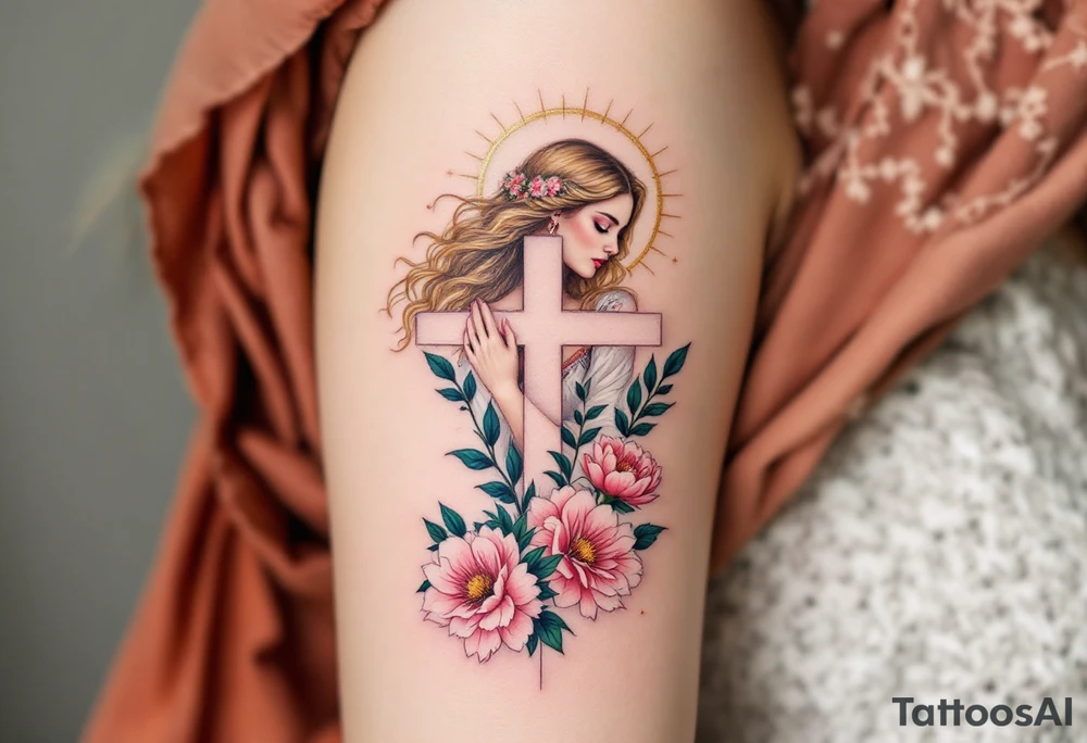 Lada's Symbol — A symmetrical floral cross in soft rose pink and leafy green, resembling a blooming peony, encircled by a golden halo of light, with the Slavic goddess Lada depicted beside it as a serene woman with flowing golden hair, wearing a traditional white and red embroidered dress, holding a wreath of flowers. tattoo idea