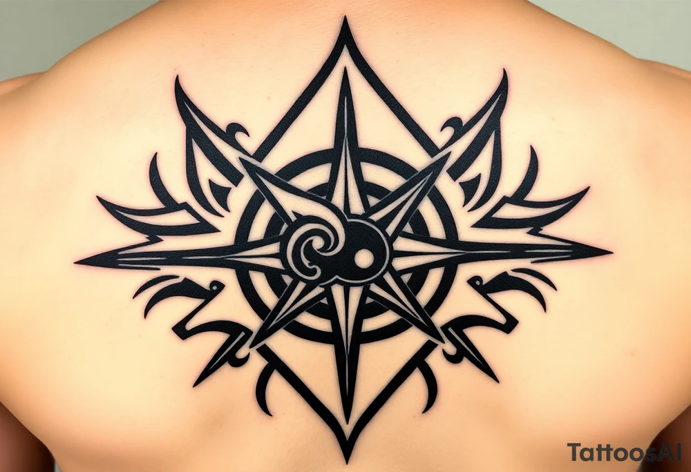 A sharp edged rip curl wave inside of an elongated diamond infront of a compass rose tattoo idea