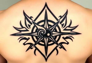 A sharp edged rip curl wave inside of an elongated diamond infront of a compass rose tattoo idea